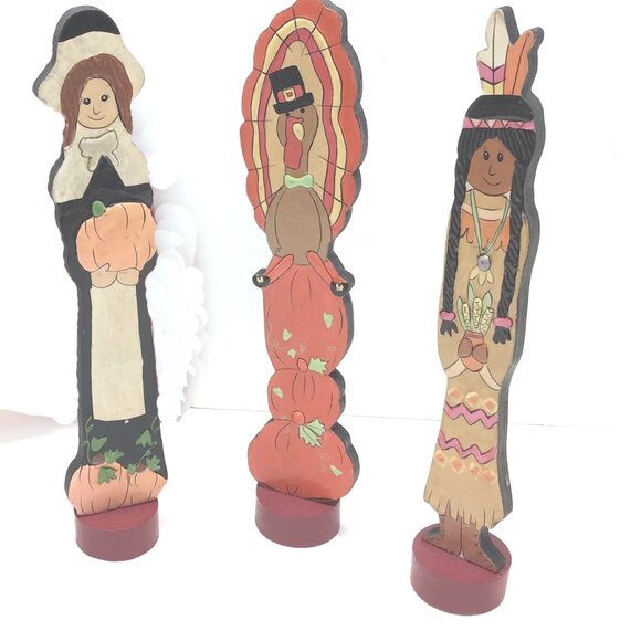 Vintage Lot Of 4 Slender Pilgrims & Native American Thanksgiving Fall Figurines - Picture 2 of 8